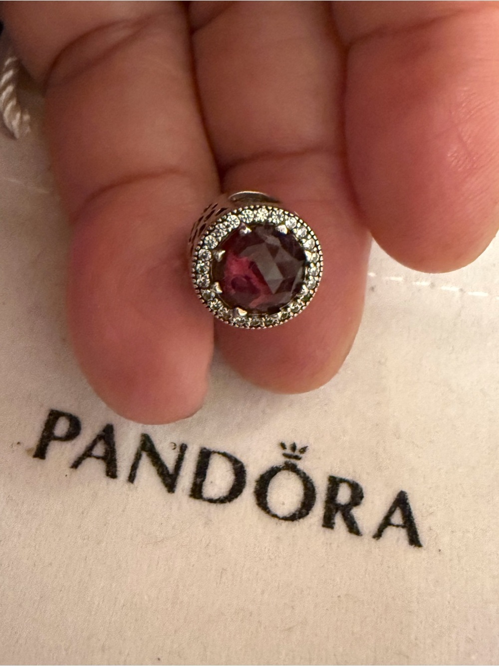 Pandora Silver Charm with Deep Purple Center and Clear Halo